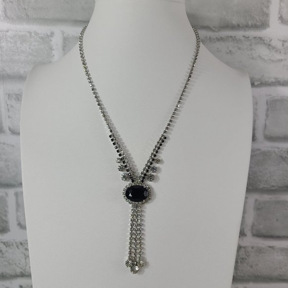 Vintage Y Drop Necklace Black Clear Faceted Rhinestone Crystal Fold Over Clasp - Picture 9 of 10